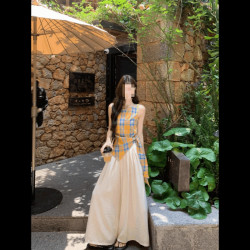 韓系新款時尚套裝復古格子不規則吊帶背心女夏季杏色濶腿褲兩件套