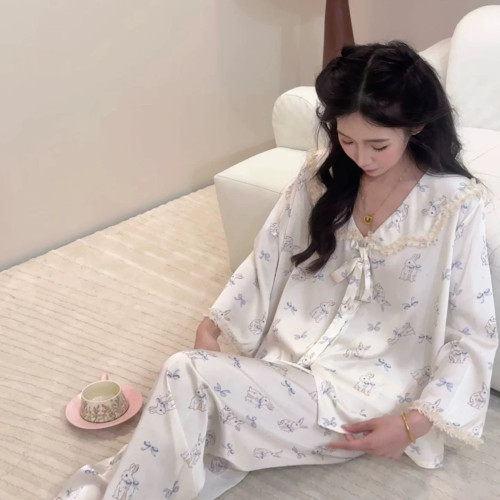 睡衣女春秋季2024新款冰絲長袖甜美娃娃領可愛網紅ins家居服套裝