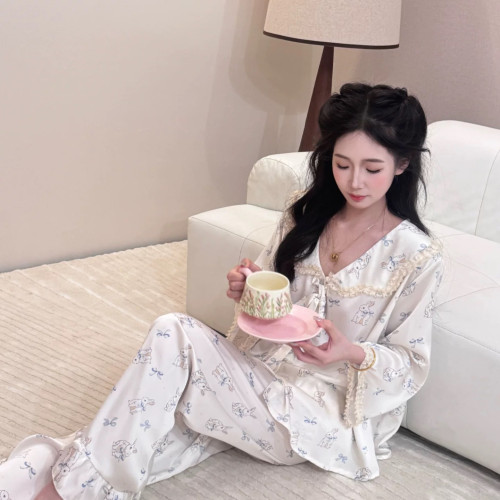 睡衣女春秋季2024新款冰絲長袖甜美娃娃領可愛網紅ins家居服套裝
