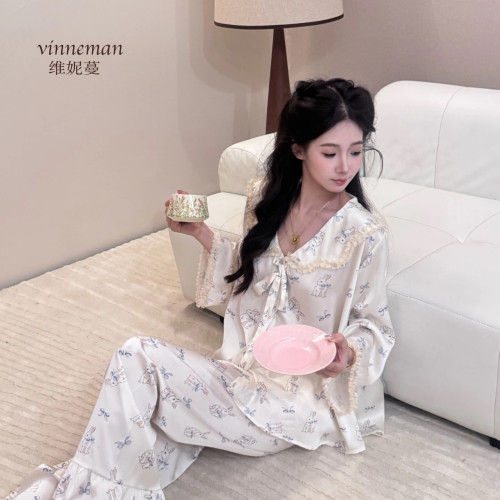 睡衣女春秋季2024新款冰絲長袖甜美娃娃領可愛網紅ins家居服套裝