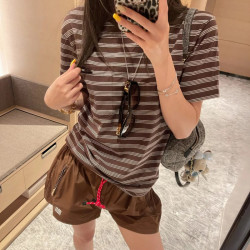 25春夏新品M家同款條紋短袖T恤女咖色上衣速乾寬松運動休閒短袖