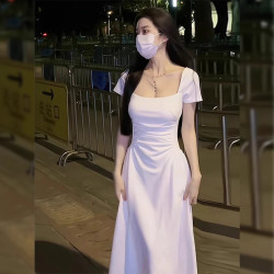 白色修身法式收腰短袖連衣裙女夏季爆款2025新款裙子高級感小白裙