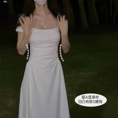 白色修身法式收腰短袖連衣裙女夏季爆款2025新款裙子高級感小白裙