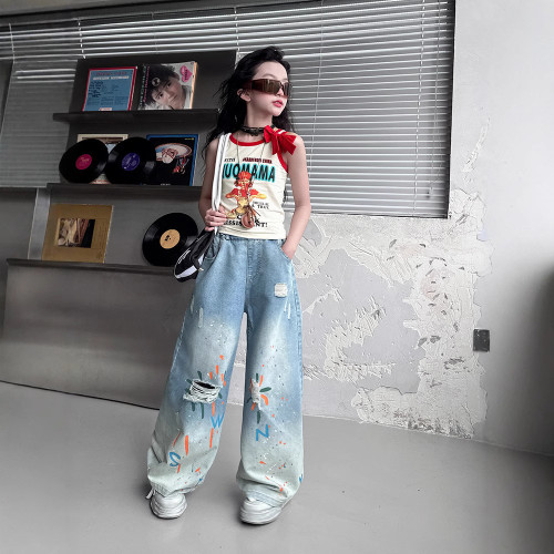 女童套裝2025新款洋氣兒童中大童夏季薄款背心T恤塗鴉牛仔褲套裝8