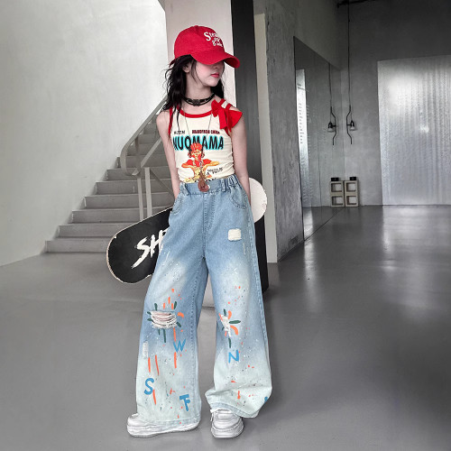 女童套裝2025新款洋氣兒童中大童夏季薄款背心T恤塗鴉牛仔褲套裝8