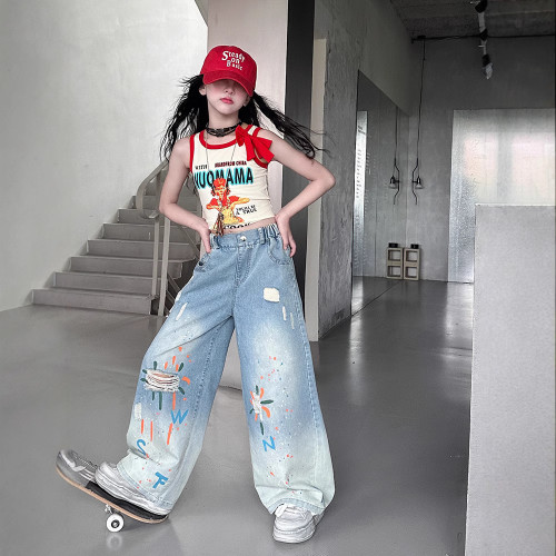 女童套裝2025新款洋氣兒童中大童夏季薄款背心T恤塗鴉牛仔褲套裝8