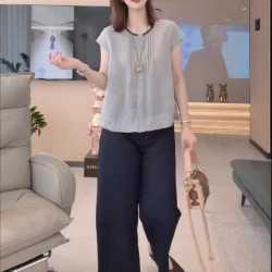 25720新大愛美依緣2025夏季新款時尚單排釦短袖上衣休閒直筒褲女