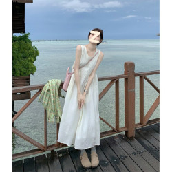 溫柔奶白背心圓領壓褶氣質連衣裙女春季2025新款鏤空寬松顯瘦長裙