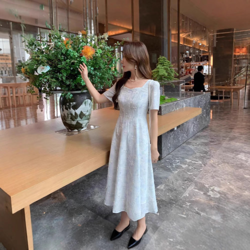 女裝微胖夏季新款胖mm高級感清新優雅氣質提花收腰連衣