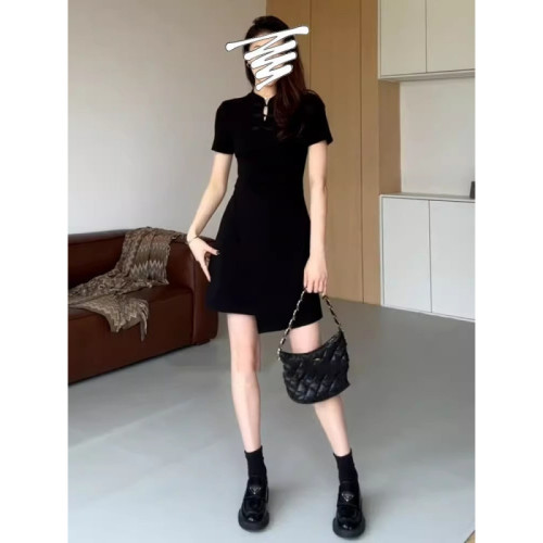 大碼新中式國風連衣裙女2025新款夏季胖mm收腰顯瘦梨型身材小黑裙