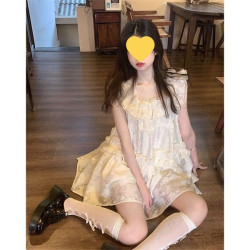 純欲風花邊吊帶連衣裙女夏季設計感公主蓬蓬裙甜美小個子顯瘦短裙