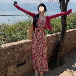 高級感穿搭法式復古套裝2025顯瘦國風印花吊帶碎花收腰氣質連衣裙