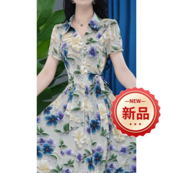 洋氣復古媽媽裝收腰短袖連衣裙翻領時尚小個子媽媽夏季氣質裙子