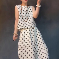 25738新大愛美依緣2025夏季新款韓版無袖減齡波點上衣濶腿褲套裝