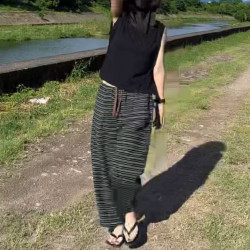 25800新大愛美依緣2025夏季新款黑色無袖背心休閒條紋濶腿褲洋氣