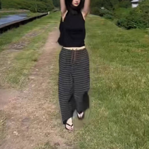 25800新大愛美依緣2025夏季新款黑色無袖背心休閒條紋濶腿褲洋氣