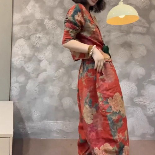 52810新大愛美依緣2025夏季新款民族風復古V領上衣休閒燈籠褲時尚