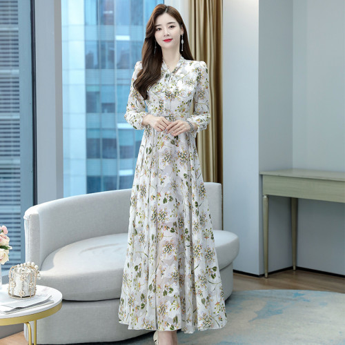 2025春秋女長袖連衣裙提花雪紡超仙收腰沙灘大擺蝴蝶結超長裙