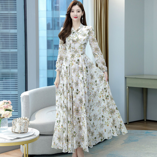 2025春秋女長袖連衣裙提花雪紡超仙收腰沙灘大擺蝴蝶結超長裙