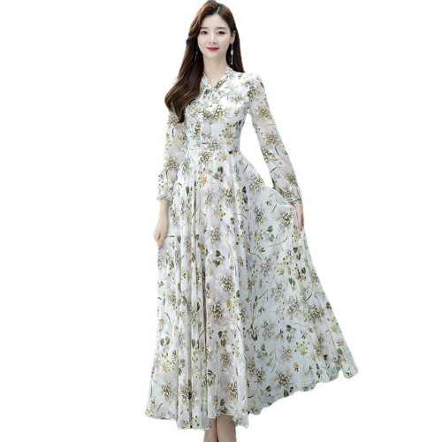 2025春秋女長袖連衣裙提花雪紡超仙收腰沙灘大擺蝴蝶結超長裙