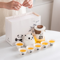 熊貓文創旅行茶具一壺三四六杯羊脂玉瓷高檔商務伴手禮品套裝