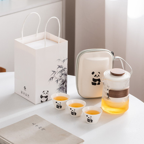 熊貓文創旅行茶具一壺三四六杯羊脂玉瓷高檔商務伴手禮品套裝