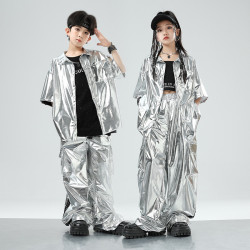 街舞兒童潮服演出服男童套裝hiphop童裝嘻哈爵士銀色皮衣酷炫炸街
