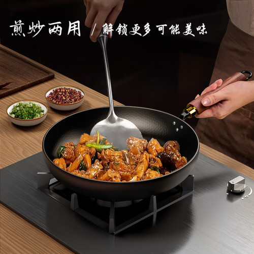 平底鍋無塗層牛排煎鍋章丘老式鐵鍋家用炒菜鍋不沾瓦斯電磁爐專用