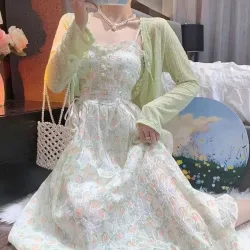 溫柔風碎花中長款連衣裙套裝女夏季新款薄款防曬開衫甜美吊帶裙子