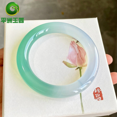 翡翠玉手鐲女款緬甸天然高冰種飄綠翡翠手鐲半山半水白底青鐲