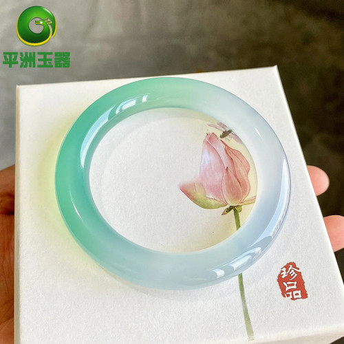 翡翠玉手鐲女款緬甸天然高冰種飄綠翡翠手鐲半山半水白底青鐲