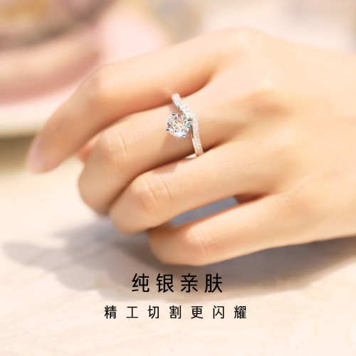 18k白金正品莫桑石戒指D色女1克拉倣真鑽戒婚戒經典六爪鉑金