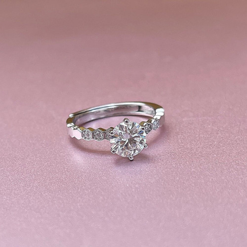 18k白金正品莫桑石戒指D色女1克拉倣真鑽戒婚戒經典六爪鉑金