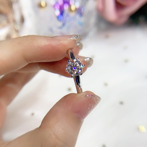 18k白金正品莫桑石戒指D色女1克拉倣真鑽戒婚戒經典六爪鉑金