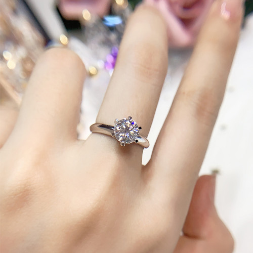 18k白金正品莫桑石戒指D色女1克拉倣真鑽戒婚戒經典六爪鉑金