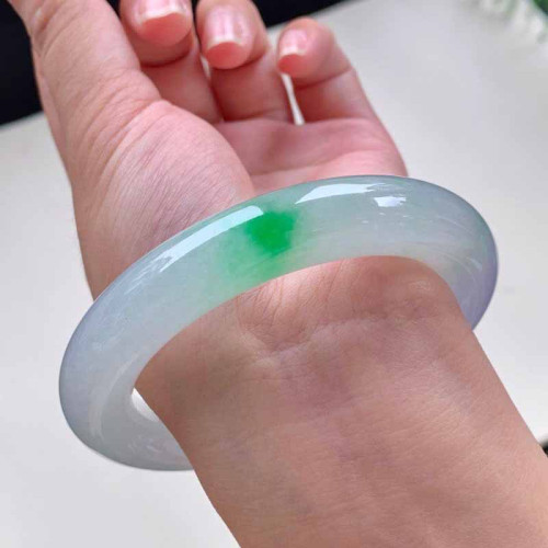天然緬甸老坑a貨玉石翡翠手鐲女款冰種飄綠圓條福鐲翡翠手鐲送禮