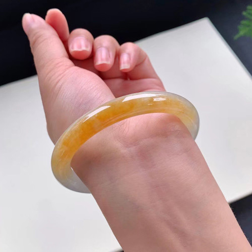 緬甸老坑天然翡翠手鐲冰糯種黃翡手鐲圓條手環女款玉石鐲子玉手鐲