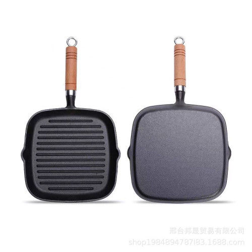 鑄鐵牛排煎鍋加厚平底鍋家用牛扒條紋烤盤適用電磁爐不沾鍋烤肉盤