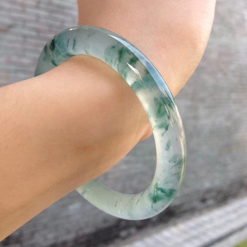 緬甸老坑天然a貨翡翠手鐲高冰玻璃種滿陽綠色飄花圓條玉石手鐲子
