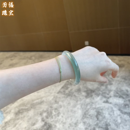 緬甸老坑翡翠冰種圓條手鐲玉鐲子晴水油青飄花福鐲玉石鐲子少女款