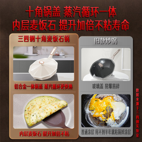 三四鋼 炒菜鍋家用十角不沾麥飯石鍋 平底煎鍋瓦斯電磁爐耐磨炒鍋