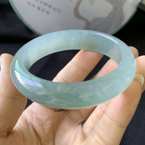 天然緬甸翡翠手鐲女款淺油青色冰種冰糯種玉手鐲飄花翡翠油青手鐲