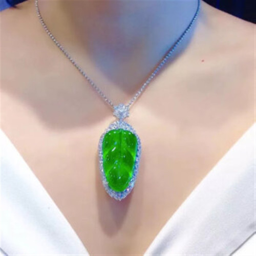 樹葉天然緬甸翡翠成品冰種銀掛墜玉墜葉子吊墜女陽綠玉石鑲嵌滿鑽