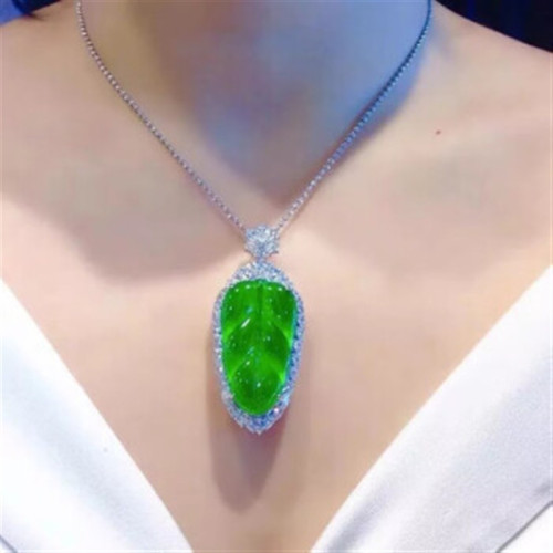 樹葉天然緬甸翡翠成品冰種銀掛墜玉墜葉子吊墜女陽綠玉石鑲嵌滿鑽