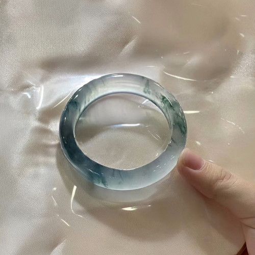 緬甸翡翠手鐲冰種藍飄花女天然玉石正圈天山翠圓條陽綠玻璃種玉鐲