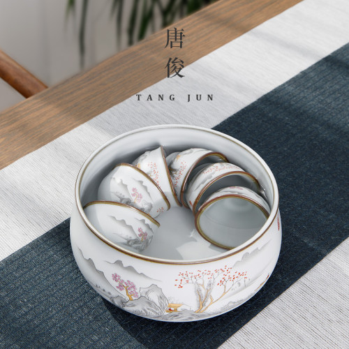 景德鎮汝窰月白茶洗大號茶海杯洗大容量茶渣缸家用建水筆洗茶配件