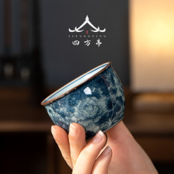 陶泥青花瓷茶盞杯子品茗杯主人杯陶瓷景德鎮功夫茶具茶杯單杯女