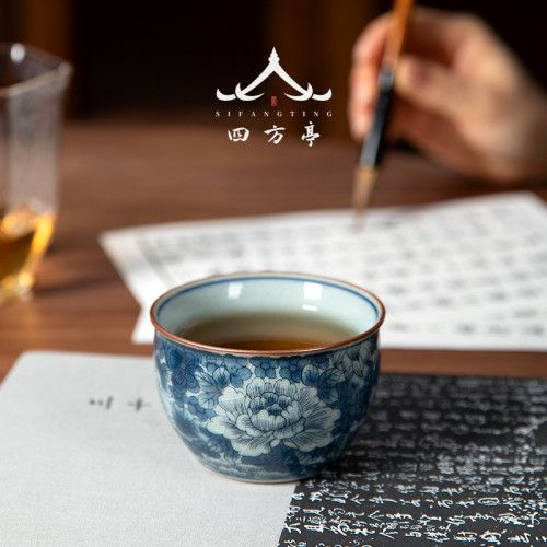陶泥青花瓷茶盞杯子品茗杯主人杯陶瓷景德鎮功夫茶具茶杯單杯女