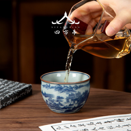 陶泥青花瓷茶盞杯子品茗杯主人杯陶瓷景德鎮功夫茶具茶杯單杯女