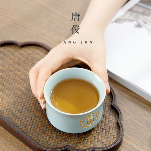 汝窰主人杯姓氏大號男士品茗茶杯陶開片可養汝瓷茶具杯子